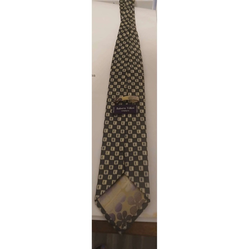 Roberto Villini Couture Mens Silk Tie Olive Green Black Geometric Square Pattern - Picture 2 of 3